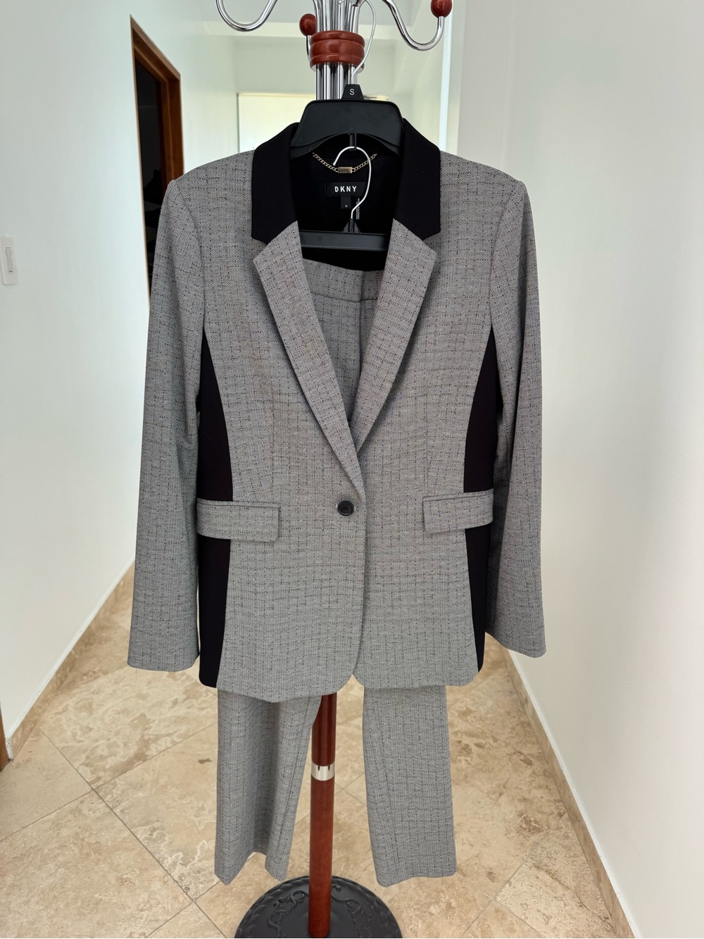 DKNY Gray Suit with Black Contrast Panels